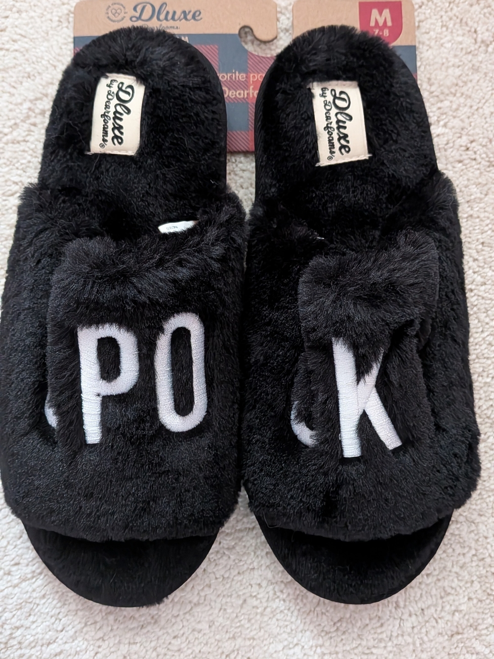 Dearfoams Black Fuzzy Open-Toe Slippers with White Lettering